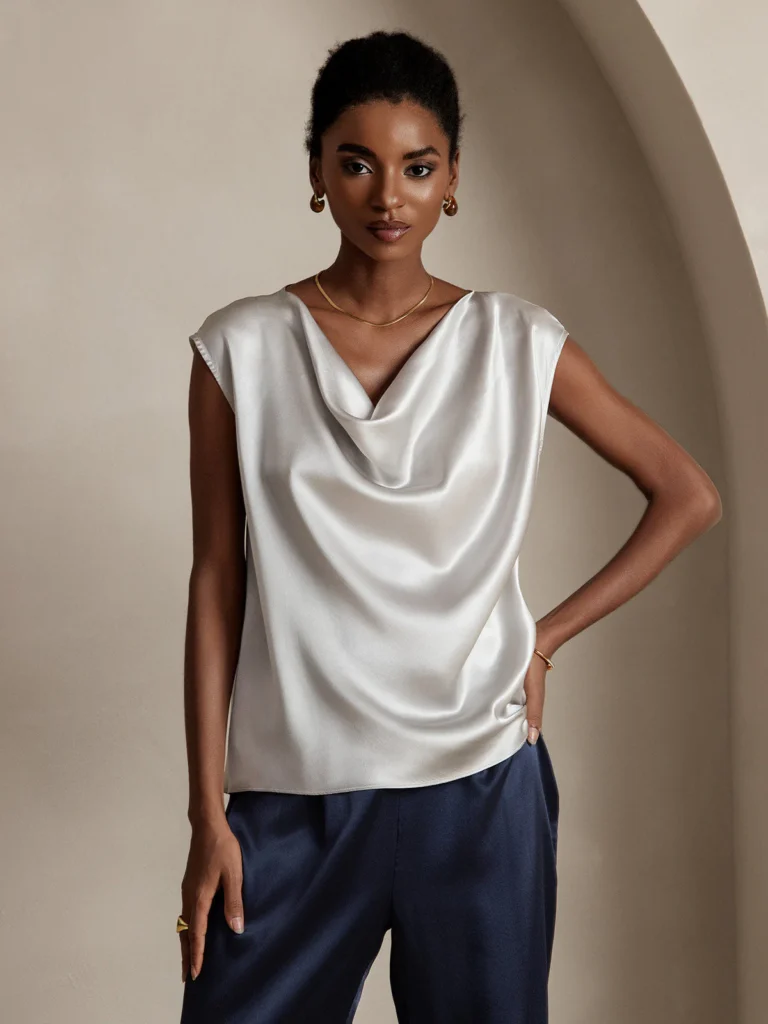 Silk womens top with short sleeves and number pattern.